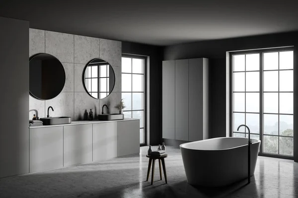 Angolo Elegante Bagno Con Pareti Grigie Pavimento Cemento Doppio Lavabo — Foto Stock