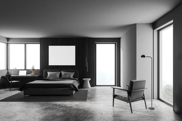 Interior Stylish Bedroom Gray Wooden Walls Concrete Floor Comfortable King — Stock Photo, Image