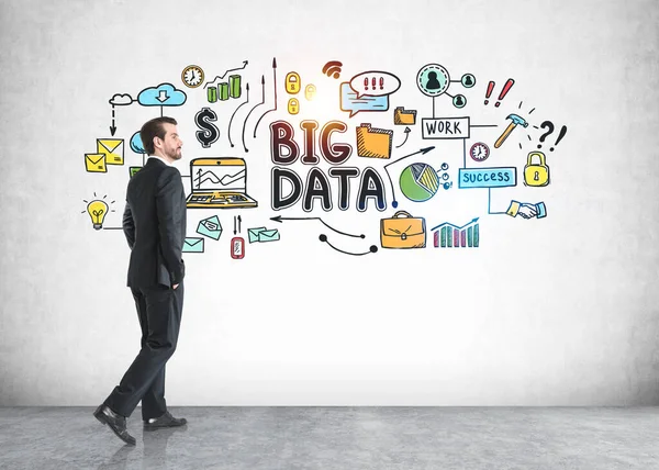 Sakallı genç işadamı üzerine renkli büyük bir veri çizimi yapılmış beton duvarın yanında yürüyor.