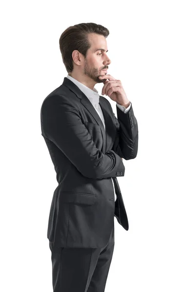 Isolated Side Portrait Thoughtful Young Businessman Beard Wearing Elegant Suit — Stock Photo, Image