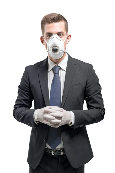 Isolated Portrait Young Businessman Dark Hair Wearing Protective Mask Rubber — Stock Photo, Image