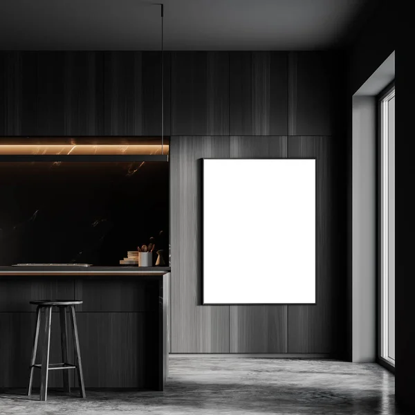 Interior Cozinha Moderna Com Paredes Madeira Escura Mármore Preto Piso — Fotografia de Stock