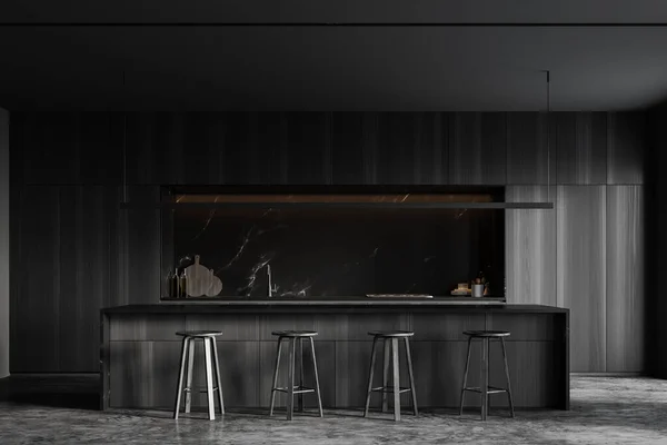 Interieur Einer Stilvollen Küche Mit Wänden Aus Schwarzem Marmor Betonboden — Stockfoto