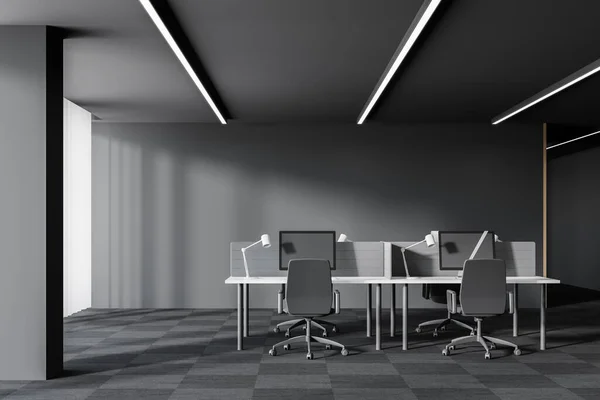 Computertisch Modernen Großraumbüro Mit Grauen Wänden Säulen Und Teppichboden Darstellung — Stockfoto