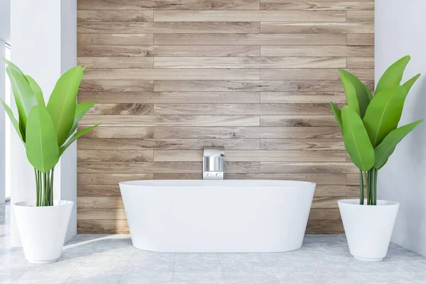 Interno Bagno Moderno Con Pareti Bianche Legno Pavimento Cemento Comoda — Foto Stock