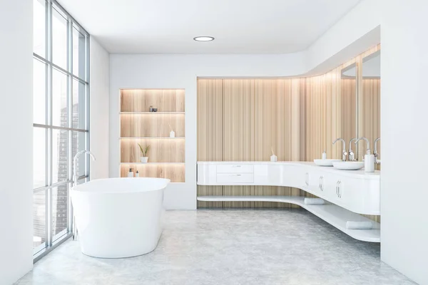 Vista Lateral Del Elegante Baño Con Paredes Madera Blanco Doble — Foto de Stock