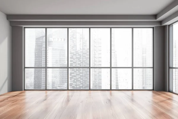 Interior Empty Office Gray Walls Wooden Floor Panoramic Window Blurry — Stock Photo, Image