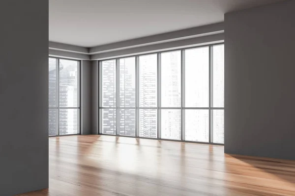 有灰色墙壁 木制地板和全景窗户的空荡荡的办公室角落 黑色城市景观 3D渲染 — 图库照片