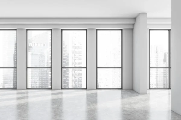 有白色墙壁 混凝土地面和全景窗户的空办公室的内部 黑色城市景观 3D渲染 — 图库照片