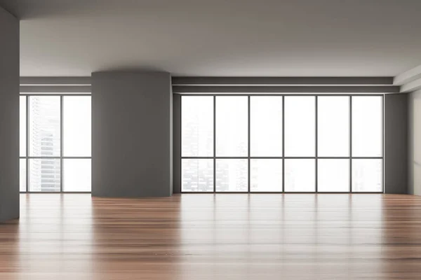 Interior Empty Apartment Gray Walls Wooden Floor Panoramic Windows Blurry — Stock Photo, Image