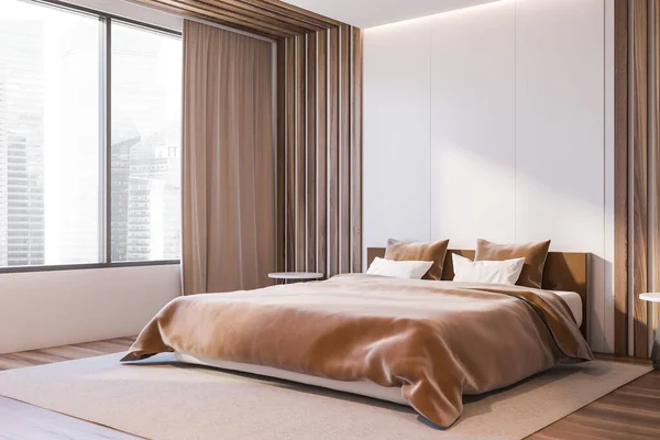 Hoek Van Moderne Master Bedroom Met Witte Houten Muren Houten — Stockfoto