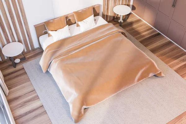 Top View Modern Master Bedroom White Wooden Walls Wooden Floor — Stock Photo, Image