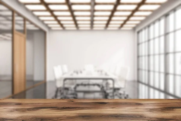 Wooden Table Your Product Blurry Meeting Room White Walls Tiled — Stock Photo, Image