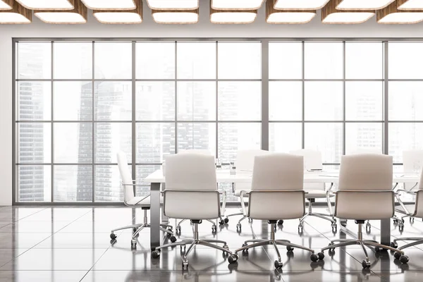 Interior Panoramic Meeting Room White Walls Tiled Floor Long Table — Stock Photo, Image