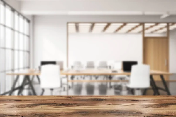 Wooden Table Your Product Blurry Open Space Office White Walls — Stock Photo, Image