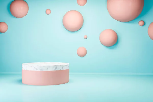 Stijlvol Rond Roze Wit Marmeren Platform Voor Product Blauwe Kamer — Stockfoto