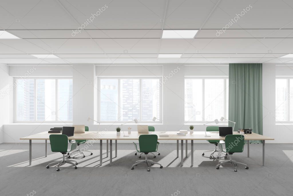 Interior of modern open space office with white walls, carpeted floor and row of computer tables. 3d rendering