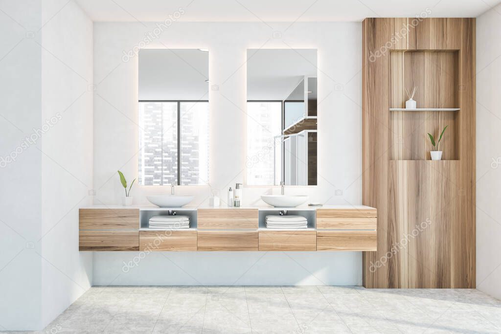 Interior of stylish bathroom with white and wooden walls, concrete floor and double sink with two vertical mirrors. 3d rendering