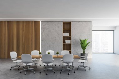 Çağdaş toplantı odasının içinde beton ve ahşap duvarlar, uzun konferans masası ve beyaz sandalyeler. 3d oluşturma