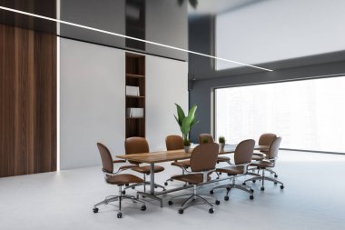 Beyaz ve koyu tahta duvarları, uzun konferans masası ve kahverengi sandalyeleri olan şık toplantı odasının köşesi. 3d oluşturma