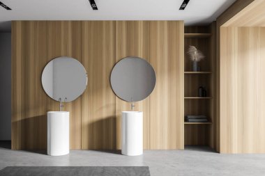 Modern banyo ahşap duvarlar, beton zemin ve iki yuvarlak aynalı çift lavabo. 3d oluşturma