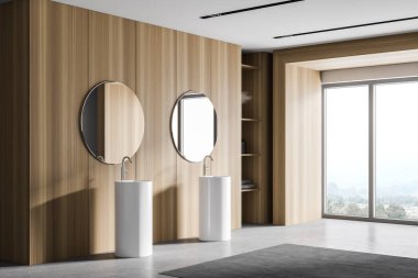 Ahşap duvarlı modern banyonun köşesi, beton zemin ve iki yuvarlak aynalı çift lavabo. 3d oluşturma