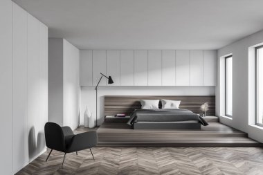 Beyaz duvarları, ahşap zemini, rahat ana yatağı ve koltuğu olan modern bir yatak odası. 3d oluşturma
