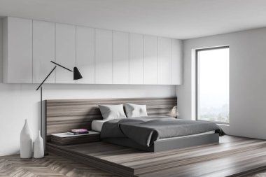 Modern yatak odasının köşesinde beyaz duvarlar, ahşap zemin, iki komodinli rahat ana yatak. 3d oluşturma