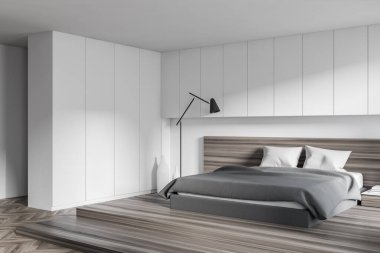 Modern yatak odasının köşesinde beyaz duvarlar, ahşap zemin, iki komodinli rahat ana yatak. 3d oluşturma