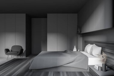 Gri duvarları, beton zemini, rahat ana yatağı ve koltuğu olan şık bir yatak odası. 3d oluşturma