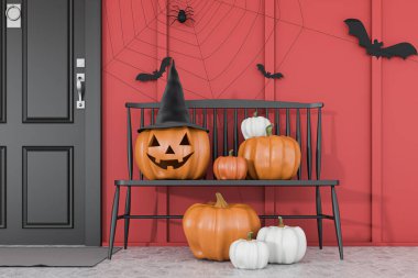 Modern evin siyah ön kapısının yanında kırmızı duvarları olan siyah bankta oyulmuş balkabakları, yarasalar ve örümcekler. Cadılar Bayramı kavramı. 3d oluşturma