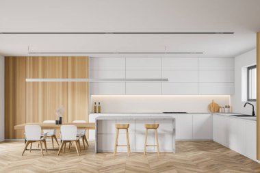 Beyaz ve ahşap duvarları, ahşap zemini, beyaz dolapları, barı ve yemek masası olan modern mutfağın içi. 3d oluşturma