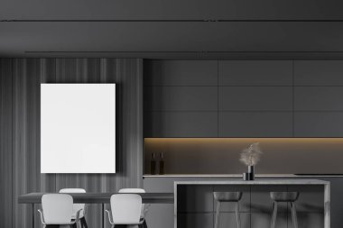 Gri ve ahşap duvarları, gri dolapları, bar ve yemek masası olan şık bir mutfak. Dikey maket posteri. 3d oluşturma