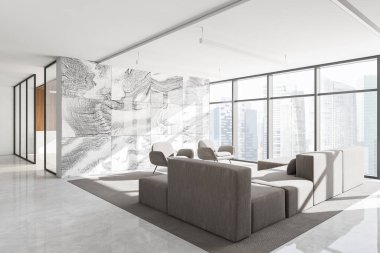 Modern ofis salonunun köşesinde mermer duvarlar, beton zemin, panoramik pencere ve gri kanepeli oturma odası. 3d oluşturma