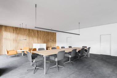 Beyaz ve ahşap duvarları, beton zemini, uzun toplantı masası ve dinlenme odası olan modern toplantı odasının köşesi. 3d oluşturma