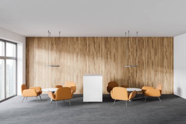 Modern ofis bekleme odasının içinde beyaz ve ahşap duvarlar, beton zemin ve yuvarlak masaların yanında turuncu koltuklar. 3d oluşturma