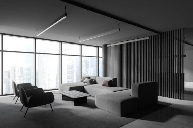 Panoramik bekleme odasının köşesinde koyu ahşap duvarlar, rahat bir kanepe ve gri koltuklar var. 3d oluşturma