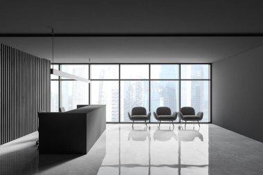 Koyu ahşap duvarları, beyaz zemini, resepsiyonu ve gri koltukları olan panoramik bekleme odasının yan görüntüsü. 3d oluşturma