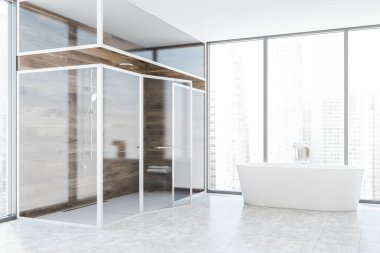 Ahşap duvarları, beton zemini, rahat küveti ve duş kabini olan şık bir banyonun köşesi. 3d oluşturma