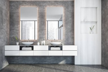 Beyaz ve beton duvarlı modern banyo, beton zemin ve iki dikey aynalı çift lavabo. 3d oluşturma