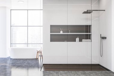 Beyaz duvarları, beton zemini, duş kabini ve rahat küveti olan şık bir banyo. 3d oluşturma