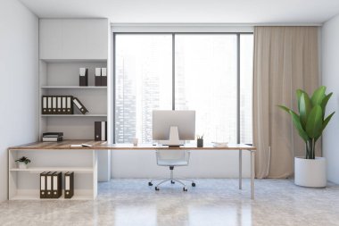 Beyaz duvarları, beton zemini, bej perdesi ve bilgisayar masası olan panoramik pencereli minimalist CEO ofisi. 3d oluşturma