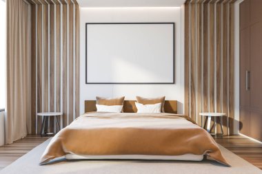 Beyaz ve ahşap duvarları, ahşap zemini ve bej battaniyeli kral yatağı olan modern ana yatak odasının içi. Yatay maket posteri. 3d oluşturma
