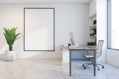 Beyaz duvarları, beton zemini, bej perdeli panoramik penceresi ve bilgisayar masası olan minimalist CEO ofisinin yan görüntüsü. Dikey maket posteri. 3d oluşturma