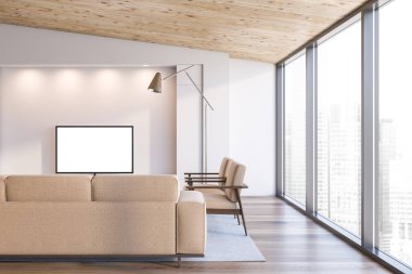 Beyaz duvarları, ahşap tavanı, bej koltuğu ve koltuğu olan modern oturma odasının içi ve TV ekranı gibi. 3d oluşturma