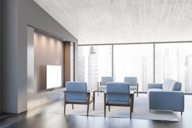 Gri duvarları, beyaz tavanı, mavi koltuğu, koltukları ve televizyonu olan şık bir oturma odası. 3d oluşturma