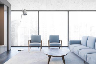 Gri duvarları, ahşap zemini, mavi kanepesi, koltuğu ve kahve masası olan panoramik oturma odasının içi. 3d oluşturma