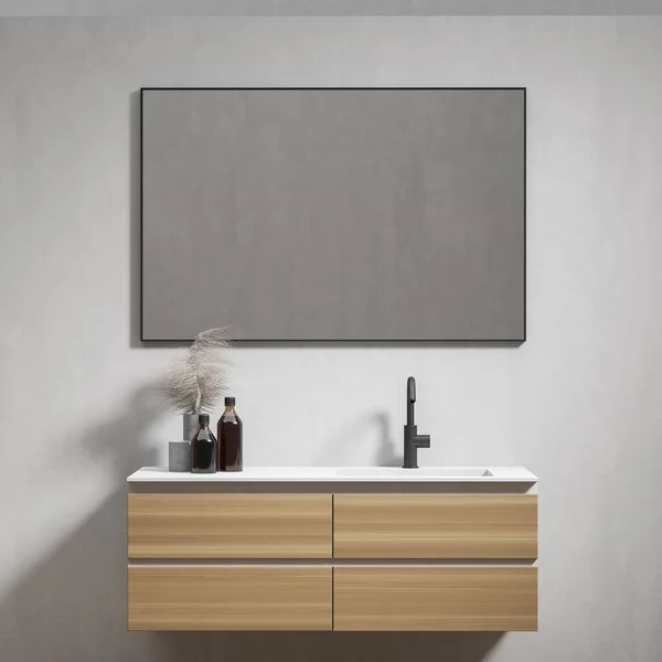 Modern Banyoda Beyaz Duvarları Ahşap Dolabı Büyük Aynası Olan Rahat — Stok fotoğraf