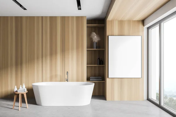 Interno Bagno Panoramico Con Pareti Bianche Legno Pavimento Cemento Comoda — Foto Stock