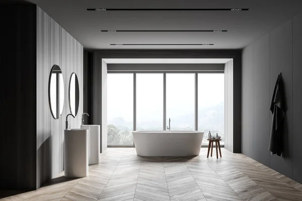 Interior Elegante Baño Con Paredes Grises Madera Suelo Madera Cómoda — Foto de Stock